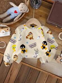 LOONEY TUNES X SHEIN Baby Boy Crew Neck Long Sleeve Apricot & Beige Comfortable, Casual Cartoon Cute English Letter Print Pattern Sweatshirt Fall Winter - White - View 6