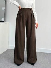 SHEIN Tall CURVE 大码女式纯色褶皱休闲百搭阔腿裤，适合日常穿着 - 咖啡棕 - 查看 6