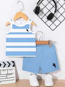 SHEIN Playful Pals 2pcs/Set Young Boy Casual Minimalist Striped Logo Print Tank Top And Logo Print Shorts, Suitable For Summer Outings - Multicolor - View 3