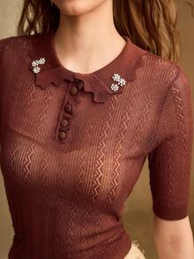 MOTF PREMIUM SPRING/SUMMER WOMEN'S FAUX PEARL RHINESTONE DECOR SEMI-SHEER FITTED HOLLOW KNIT TOP - Brown - View 2
