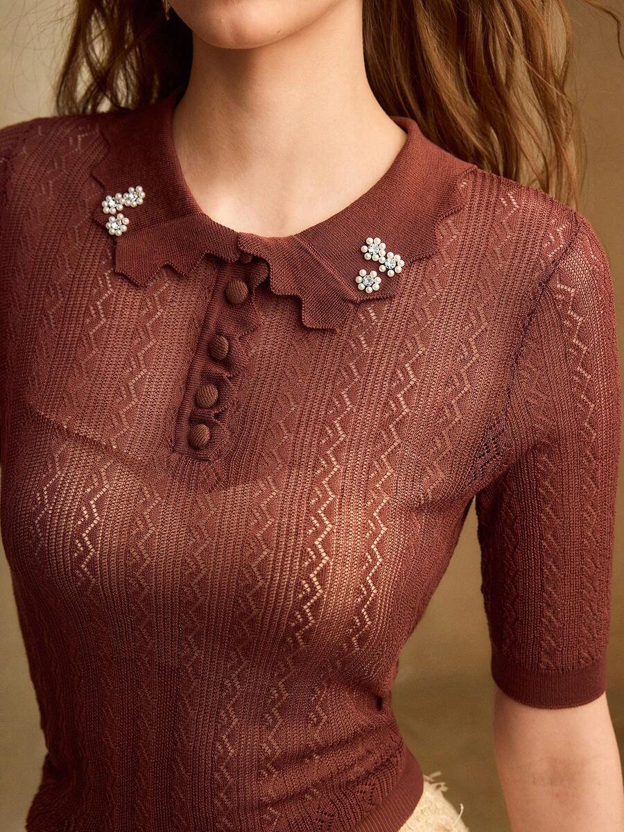 MOTF PREMIUM SPRING/SUMMER WOMEN'S FAUX PEARL RHINESTONE DECOR SEMI-SHEER FITTED HOLLOW KNIT TOP - Brown - View 2