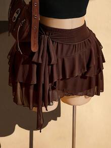 SHEIN ICON Plus Size Retro Sexy Casual Millennial Style Y2K Bohemian Multi-Layer Ruffled Side-Strap Chocolate Brown Mesh Skirt Date Night Autumn Fall - Brown - View 7