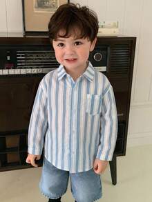 DAZY 嬰幼兒(男童)翻領條紋韓風清新休閒短袖上衣 - 藍色 - 查看 5