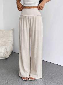 SHEIN PETITE Women Casual Solid Low Wasit Wide Leg Pants Vacation White Autumn,Petite Women Vacation Vacation Beach Vacation Vacation - Apricot - View 3