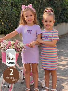 SHEIN LMoss Kids Conjunto de 2 piezas de vestido casual de niña joven con cuello redondo, de punto, unicolor, a rayas y patchwork de mariposa - Multicolor - Ver 4