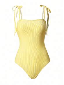 Swim Vcay 女款度假海灘肩結式連身泳衣 奶油黃 夏季可愛熱帶風 - 鵝黃色 - 查看 5