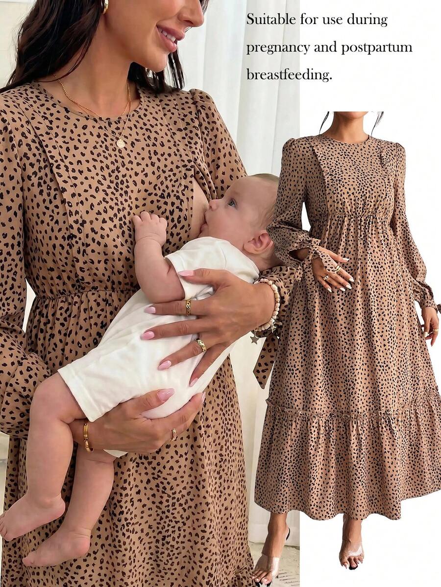 SHEIN Vestido de maternidad de manga larga con estampado dálmata, puño con nudo y bajo con volante para lactancia - Multicolor - Ver 1