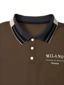 Manfinity Homme 男士珠飾刺繡羅紋領短袖休閒 Polo 衫，儀式穿著 - 棕色 - 查看 3