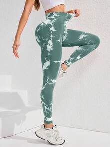 SHEIN Core Rhythm 紮染無縫高彈力運動緊身褲 Sport Studio 高腰修身女款運動褲，柔軟親膚、透氣四向彈力，適合跑步、單車、瑜珈、匹克球、健身與休閒穿著 - 彩色 - 查看 5