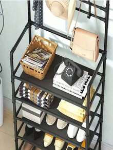 1pc Multi-Functional Iron Shoe Rack, 4/5 Tiers With 8 Hooks - Easy Assembly, Black Shoe Organizer Shelf - Multicolor - View 8