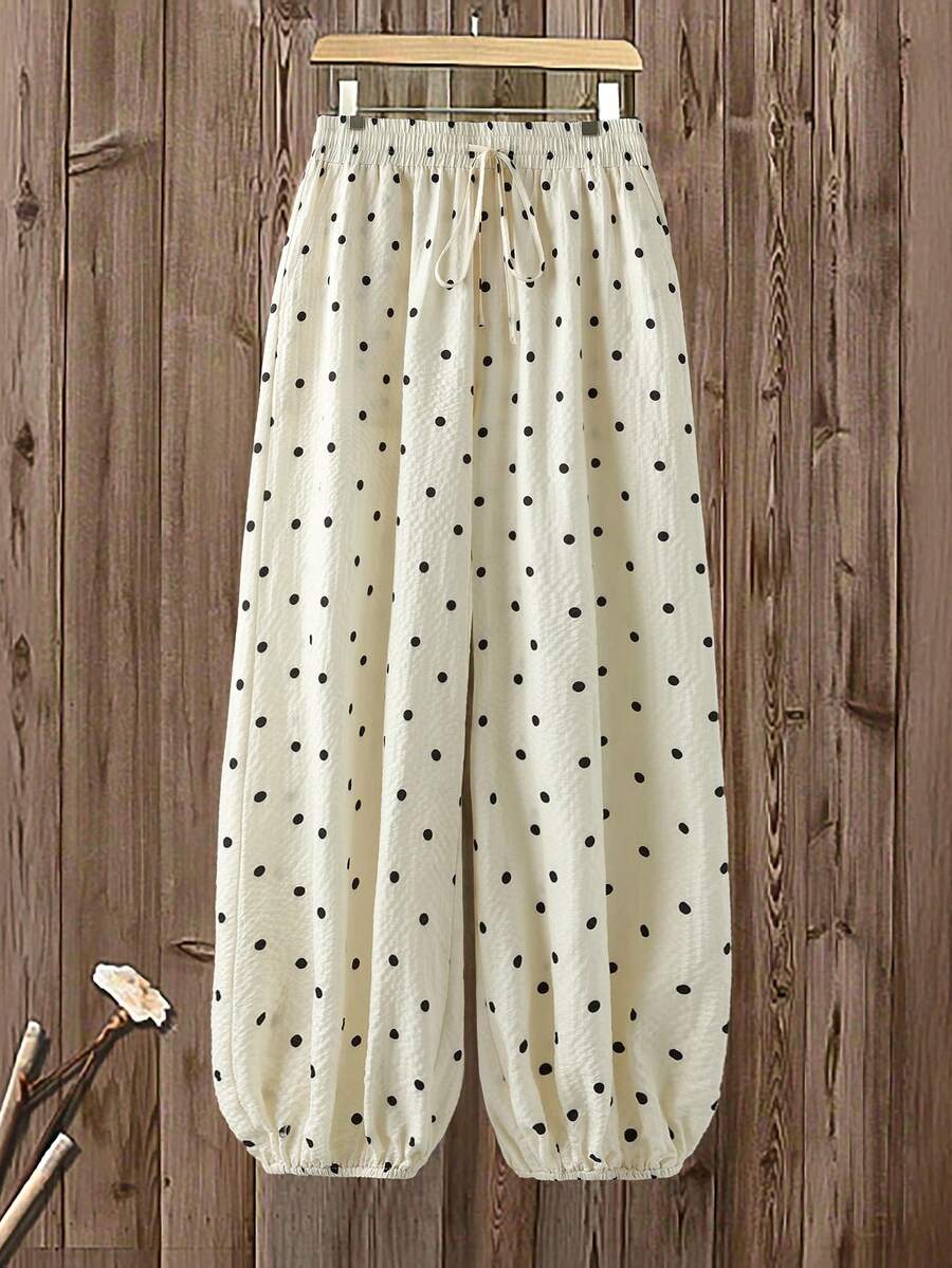 Linhara CURVE Plus Size Women's Drawstring Waist Polka Dot Print Casual Versatile Daily Lantern Pants - Apricot - View 1