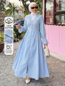 DAZY Women's Elegant Modest Lace Patchwork Textured V-Neck Mid-Length Dress, Autumn Vacation Baby Blue Sundress - Blue - View 1