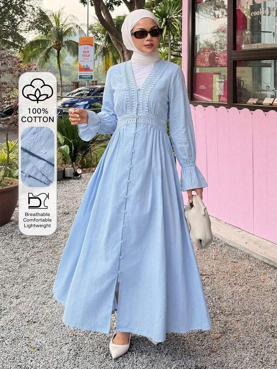 DAZY Women's Elegant Modest Lace Patchwork Textured V-Neck Mid-Length Dress, Autumn Vacation Baby Blue Sundress - Blue - View 1