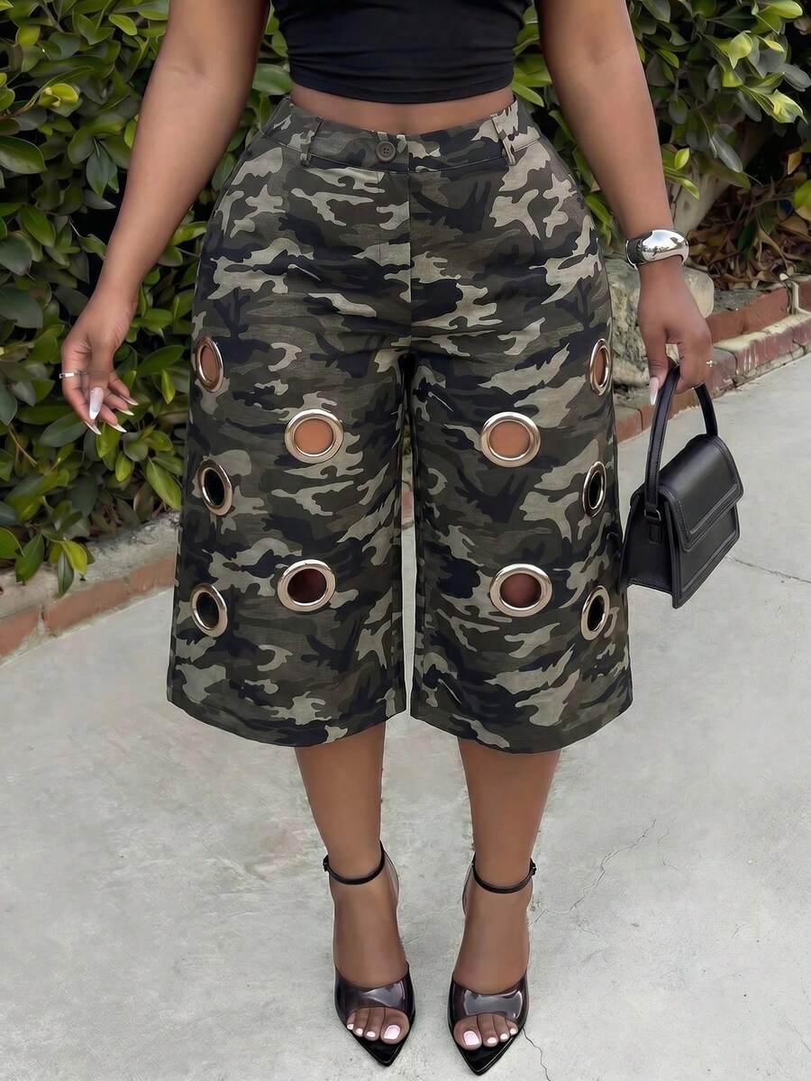 Slaydiva Celana Capri Panjang Wanita Ukuran Plus Musim Semi/Panas Terbaru, Motif Kamuflase, Desain Potongan, Gesper Logam, Hiasan Lubang Kancing, Gaya 90-an, Kasual, Cocok untuk Makan Siang, Kencan, dan Malam Hari