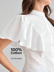 Ontre Women's White Comfortable Fabric Fitted Shirt Small Stand Collar Regular Shoulder Short Sleeve With Ruffle Cuff Patchwork Office Teachers' Day Summer - White - View 6