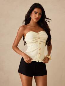 SHEIN Glamour Sexy heißes Mädchen minimalistisches Damen Bandeau Top, gelbes Strick Bandeau Stil mit Blumenknopfleiste in der Mitte vorne, geeignet für den täglichen Arbeitsweg, Junggesellinnenabschied, Strandurlaub, Abendparty, Lässig Top, Sommer Top - Gelb - Übersicht 1