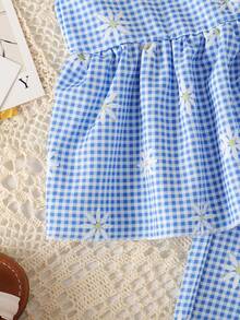 SHEIN Elladie kids 女童碎花两件套，棕色蝴蝶结装饰无袖上衣+配套阔腿裤，甜美可爱休闲装，夏季 - 藍色 - 查看 11