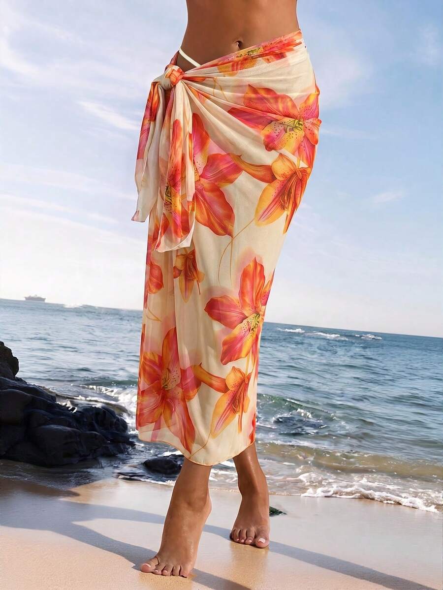 Opulessa 女款橘色與白色繫帶遮陽中長裙,適合海灘度假、夏季熱帶風情 - 彩色 - 查看 1