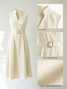 Uhlyne Uhlyne Navy Stand Collar Sleeveless Belted A-Line Cotton Blend Summer Commute & Casual Dress - Apricot - View 9