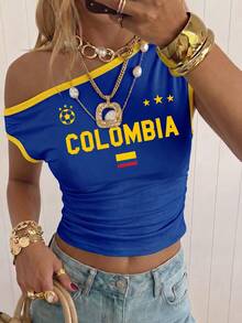 Attitoon Crop Top Wanita Model Jersey dengan Detail Kerut Satu Bahu dan Motif Bendera Kolombia, Gaya Jersey, Streetwear, Cocok untuk Hari Pertandingan - MultiWarna - View 7