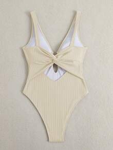 Swim Vcay 新款女款夏季細肩帶綴珠露背紋理提花面料深V領性感海灘度假式一件式泳衣 - 米色 - 查看 3