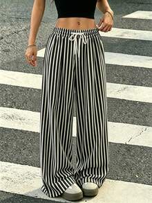 SHEIN Women's Casual Striped Colorblock Minimalist Drawstring Waist Long Pants - Navy Blue - View 3