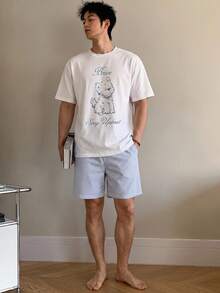 DAZY 夏季白色T恤與藍色條紋短褲男士居家休閒套裝 - 彩色 - 查看 3