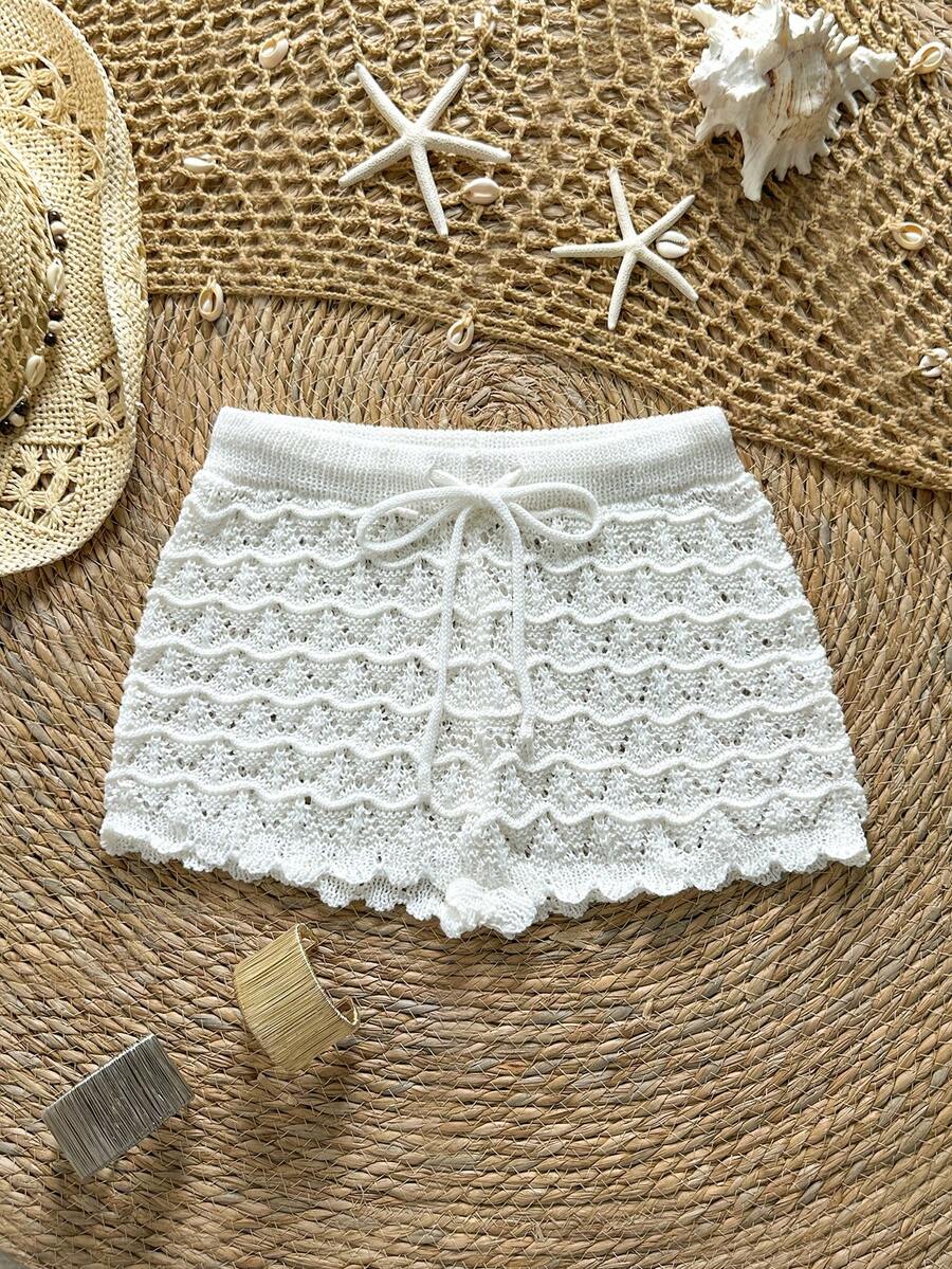 Soleia Knitted Crochet Drawstring Hollow Out Slim Fit Bow Shorts - White - View 1