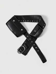 ROMWE Grunge Punk Y2K Punk Style, Black Metal Rivets, Gas Eyes, Multiple Pockets, Adjustable Metal Buckle, Women's Fanny Pack, - Black - View 4
