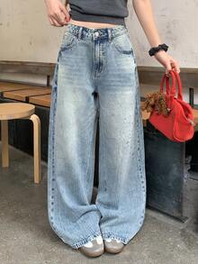 DAZY Celana Jeans Wanita Model Lurus Longgar dengan Hiasan Rhinestone dan Payet, Atasan Lucu untuk Sehari-hari, Jalan-jalan, Warna Biru Muda, Streetwear Kasual Musim Panas - Light Wash - View 3