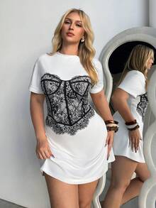 Auralis Basic Summer White Short-Sleeved Plus-Size Loose Straight Dress With Lace Print, Modern And Elegant Sexy. Date Night - White - View 1