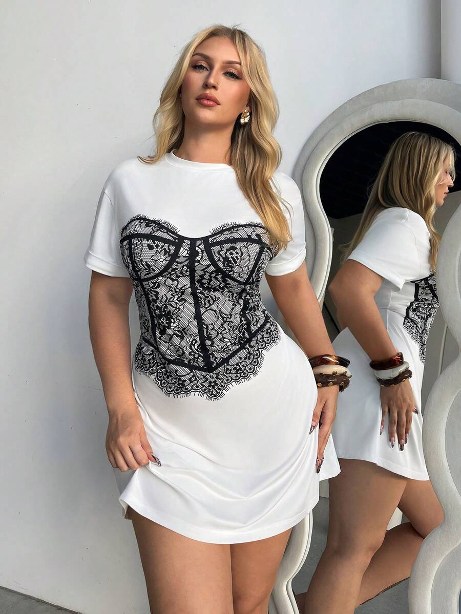 Auralis Basic Summer White Short-Sleeved Plus-Size Loose Straight Dress With Lace Print, Modern And Elegant Sexy. Date Night - White - View 1