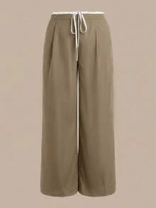 SHEIN BASICS 休閒端莊保守風拼接色梭織中腰鬆身長寬腿口袋大碼長褲，適合辦公室與度假，卡其色，秋季 - 卡其色 - 查看 6
