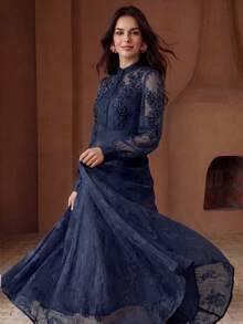 Anewsta Robe maxi élégante style cour mode avec décoration de perles et perles, col montant petit, manches longues légèrement transparentes, robe chemise pour femmes, printemps, été, festival, remise des diplômes, élégante, tenue de la Saint-Valentin - Bleu marine - Voir 6