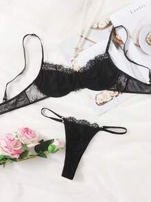 AltBold Women's Spliced Lace Lingerie Set (2pcs, Underwire, Thong) - Black - View 6