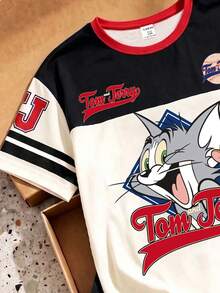 TOM & JERRY X SHEIN GraphicGems 青少年男孩圓領字母卡通印花短袖T恤與短褲休閒日常套裝 - 黑色 - 查看 4