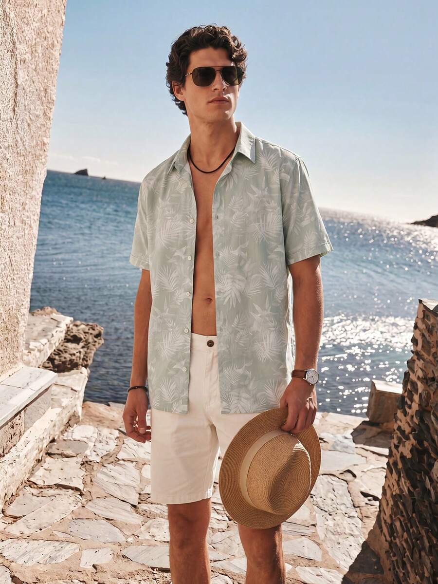 Manfinity VDAYZ Men Tropical Print Short Sleeve Shirt For Summer - Grey - View 1