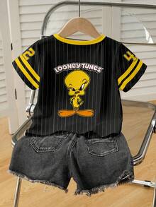 LOONEY TUNES X SHEIN Young Girl Colorblock Striped & Cartoon Graphic Round Neck Short Sleeve T-Shirt - White - View 2