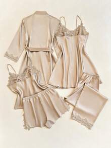 SHEIN Set Piyama Wanita 5 Potong Bahan Sutra Imitasi dengan Atasan Kamisol Leher V Berenda Bordir, Celana Pendek, Celana Panjang, Gaun Dalam, dan Jubah - Khaki - View 2