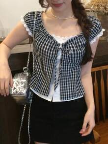 DAZY Blus Lengan Pendek 2 in 1 Motif Kotak-kotak Gaya Korea untuk Wanita, Cocok untuk Musim Panas - Hitam dan Putih - View 2