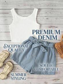 SHEIN Tween Girl White Ribbed Crew Neck Tank Top And Lace-Up Denim Shorts 2-Piece Set - White - View 9