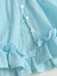 Sweetra Women's Spring/Summer Button-Up V-Neck Ruffle Blouse, Slimming Versatile Beach Vacation Style - Blue - View 4