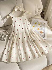 SHEIN Elladie kids 1件少女夏季新款方領無袖背心洋裝，櫻桃印花、後背V領設計、隱形拉鍊、可拆式大蝴蝶結、大下擺側抽褶，簡約百搭，適合日常、派對、海灘度假 - 杏色 - 查看 3