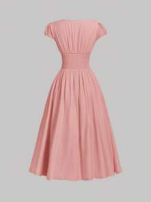 Skyraze Vestido midi elegante y dulce para mujer con mangas abullonadas y cintura anudada - Rosa - Ver 5