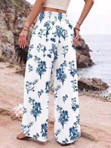 Breezaya 女款優雅休閒純色夏季度假居家日常穿著海灘出遊時尚設計抽繩開衩寬腿長褲 - 藍白色 - 查看 2
