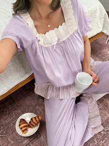 DAZY Conjunto de pijama de mujer de 2 piezas con volantes dulces, encaje bordado, patchwork y mangas de pétalo para verano - Morado - Ver 8
