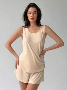 Livesso Conjunto de ropa de estar en casa de mujer con top de tirantes de cuello redondo y shorts de color liso, pijama de verano - Naranja Coral - Ver 5