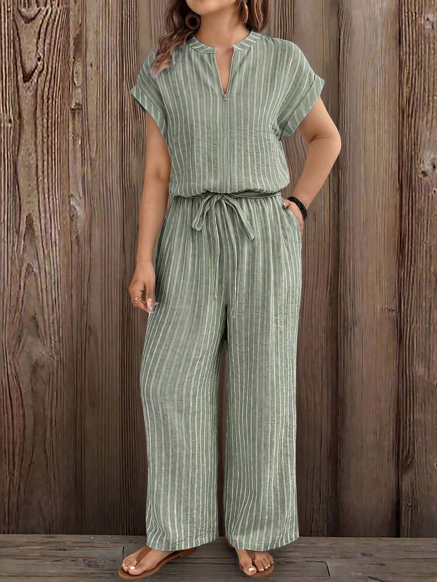 EMERY ROSE Large-Sized Woven Striped Vacation Casual Women's Jumpsuit - Green - View 1