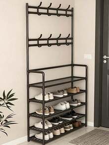 1pc Multi-Functional Iron Shoe Rack, 4/5 Tiers With 8 Hooks - Easy Assembly, Black Shoe Organizer Shelf - Multicolor - View 4