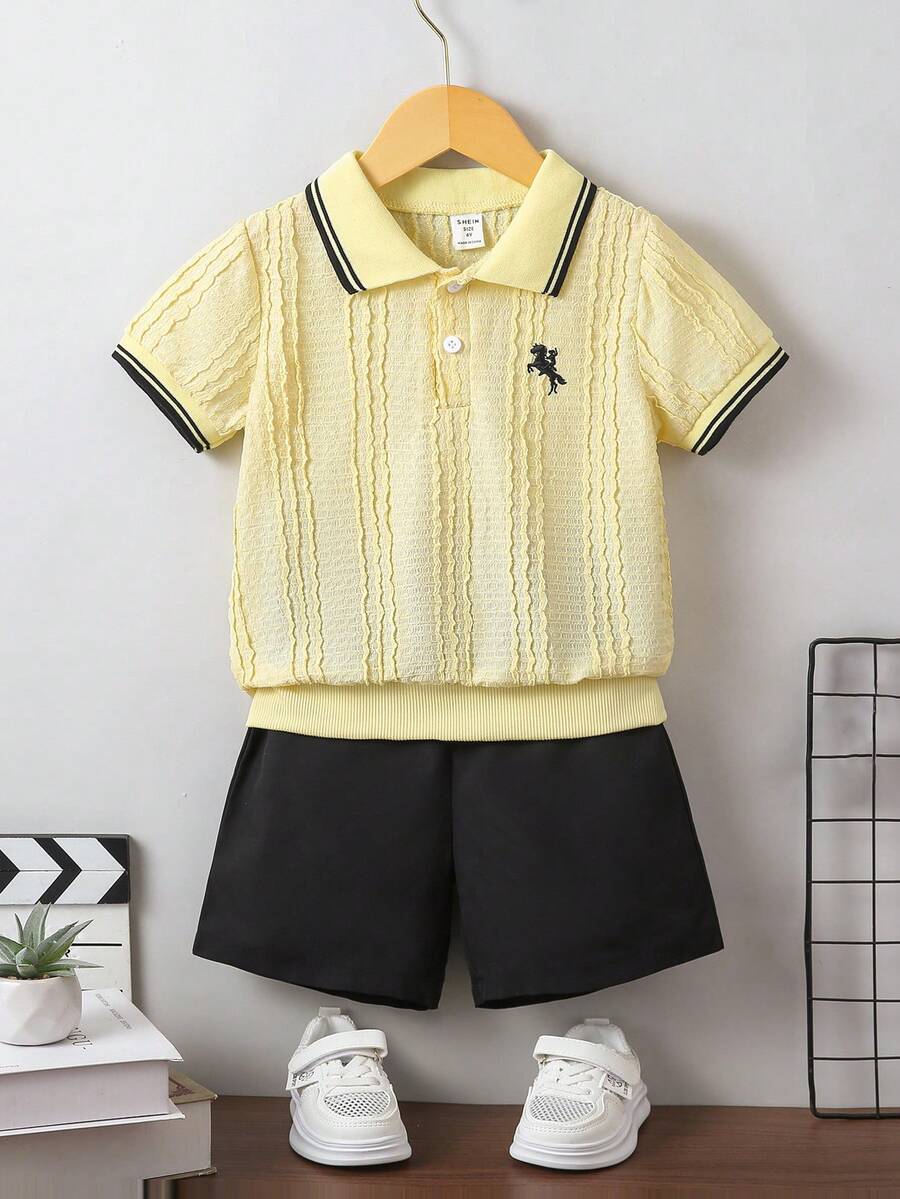 Souflis 2件組小男孩領子POLO衫搭配可愛馬刺繡,配短褲,適合日常休閒、外出、度假、公園、學校,夏季穿搭 - 黃色 - 查看 1